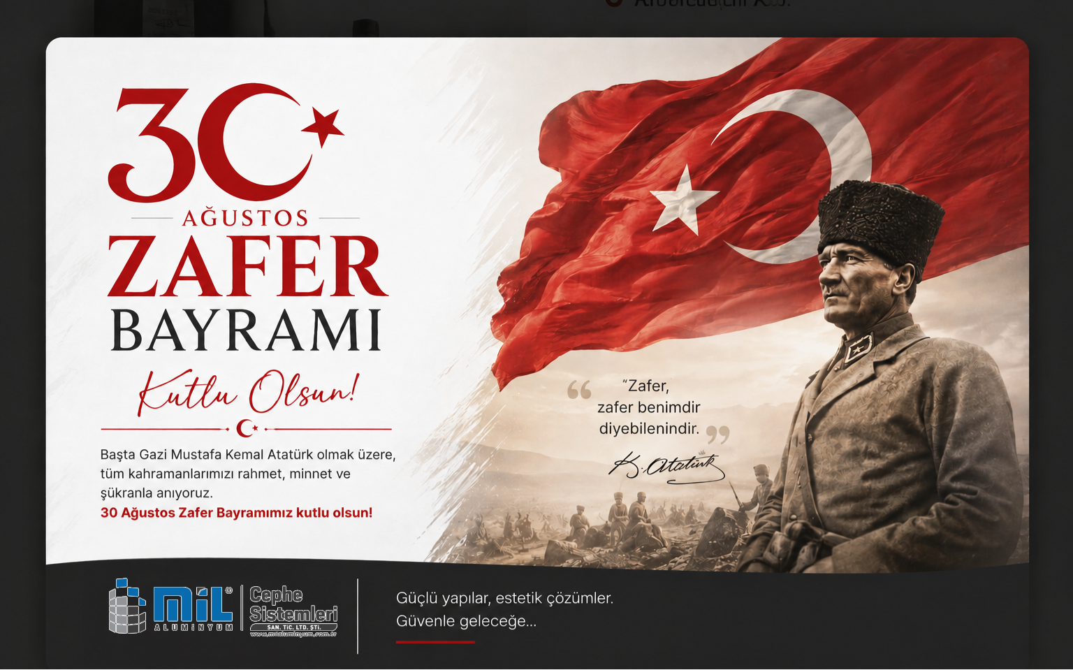 30 Ağustos Zafer Bayramı Kutlu Olsun - MİL Alüminyum Cephe Sistemleri
