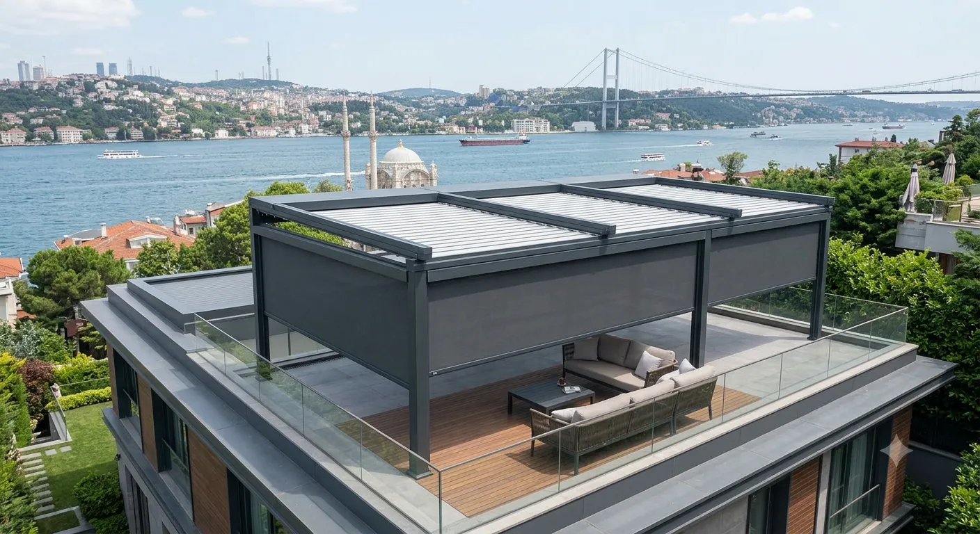 Motorlu zip perde ve pergola gölgelendirme sistemi